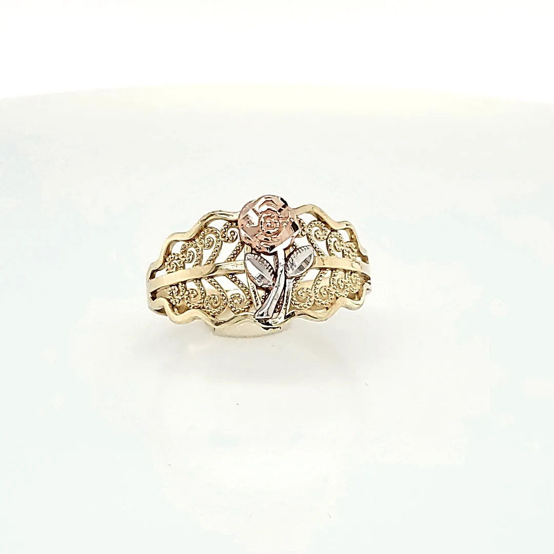 10K Solid Tri Color Gold Flower Style Ring For Women