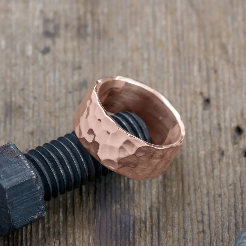10mm 14k Rose Gold Mens Wedding Band, Hammered Polished
