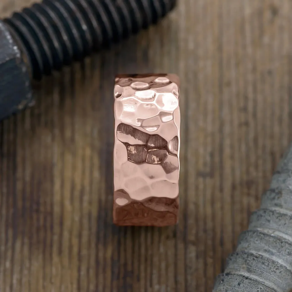 10mm 14k Rose Gold Mens Wedding Band, Hammered Polished