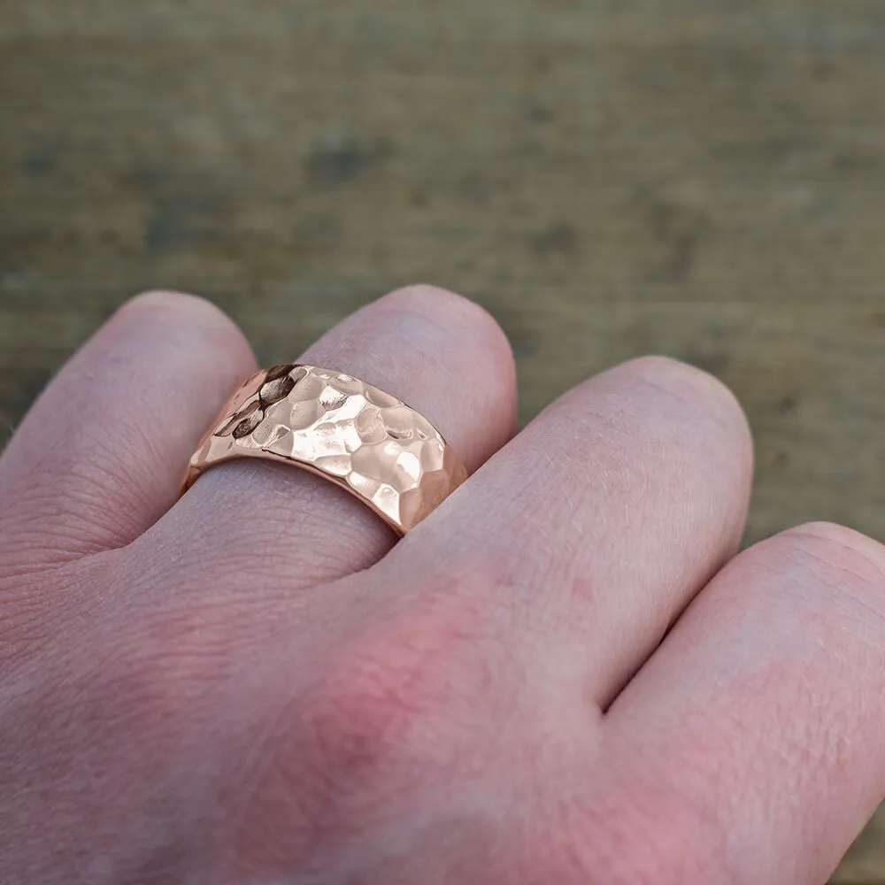 10mm 14k Rose Gold Mens Wedding Band, Hammered Polished