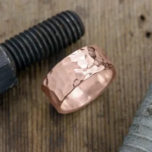 10mm 14k Rose Gold Mens Wedding Band, Hammered Polished