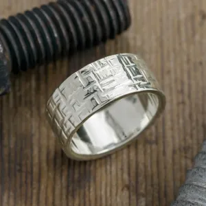 10mm, Comfort Fit, 14k White Gold Mens Wedding Band, Textured Polished