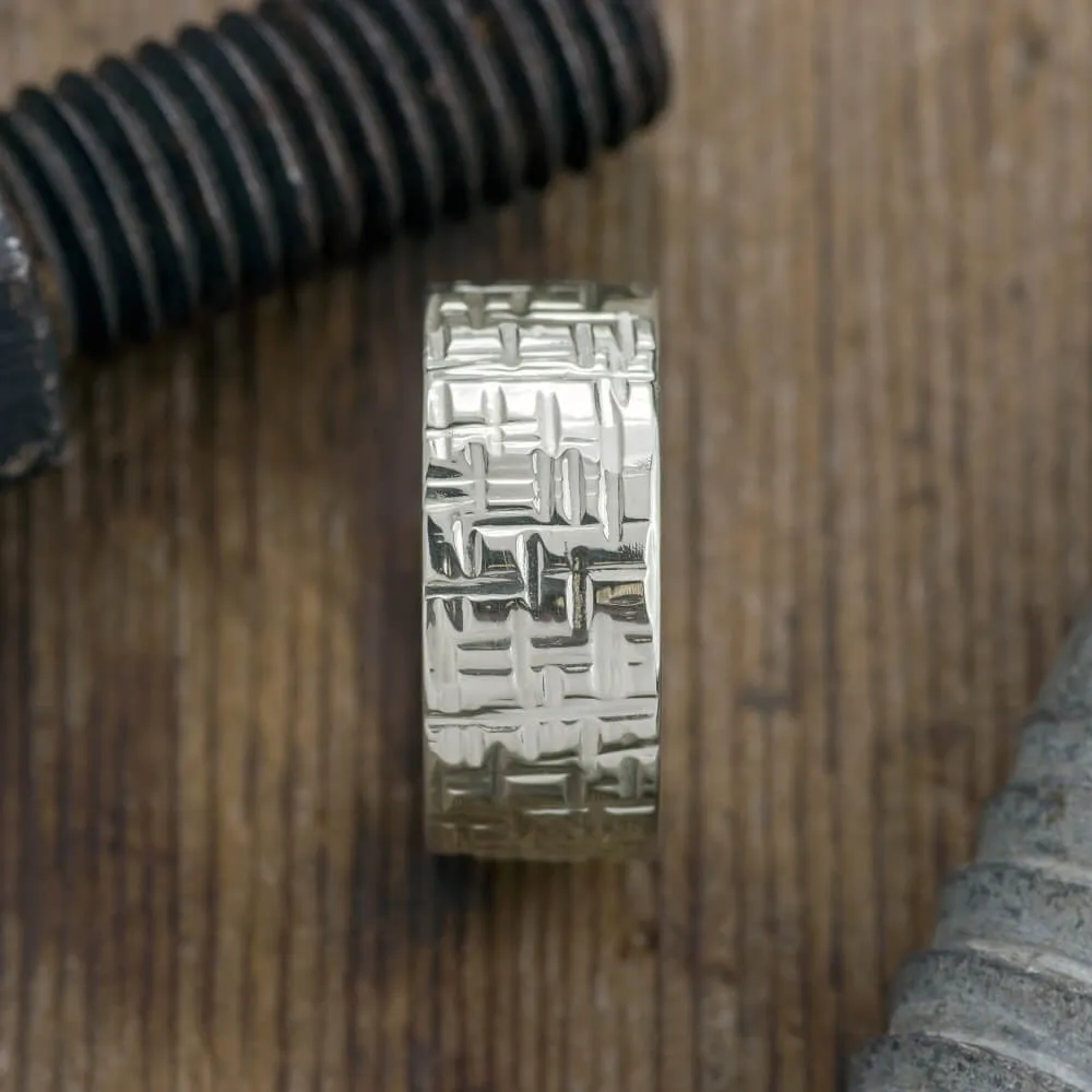 10mm, Comfort Fit, 14k White Gold Mens Wedding Band, Textured Polished