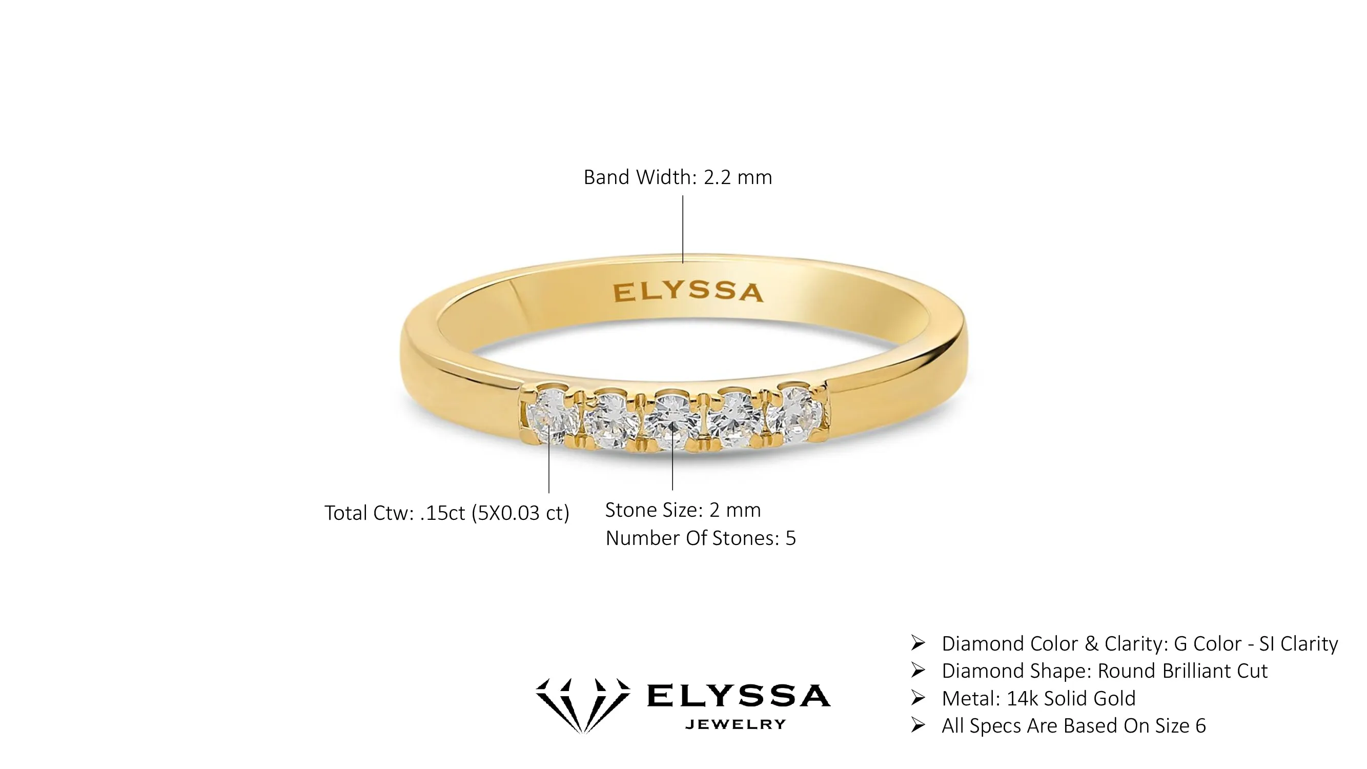 14K Gold 2.2mm 5 stone Diamond Wedding Band