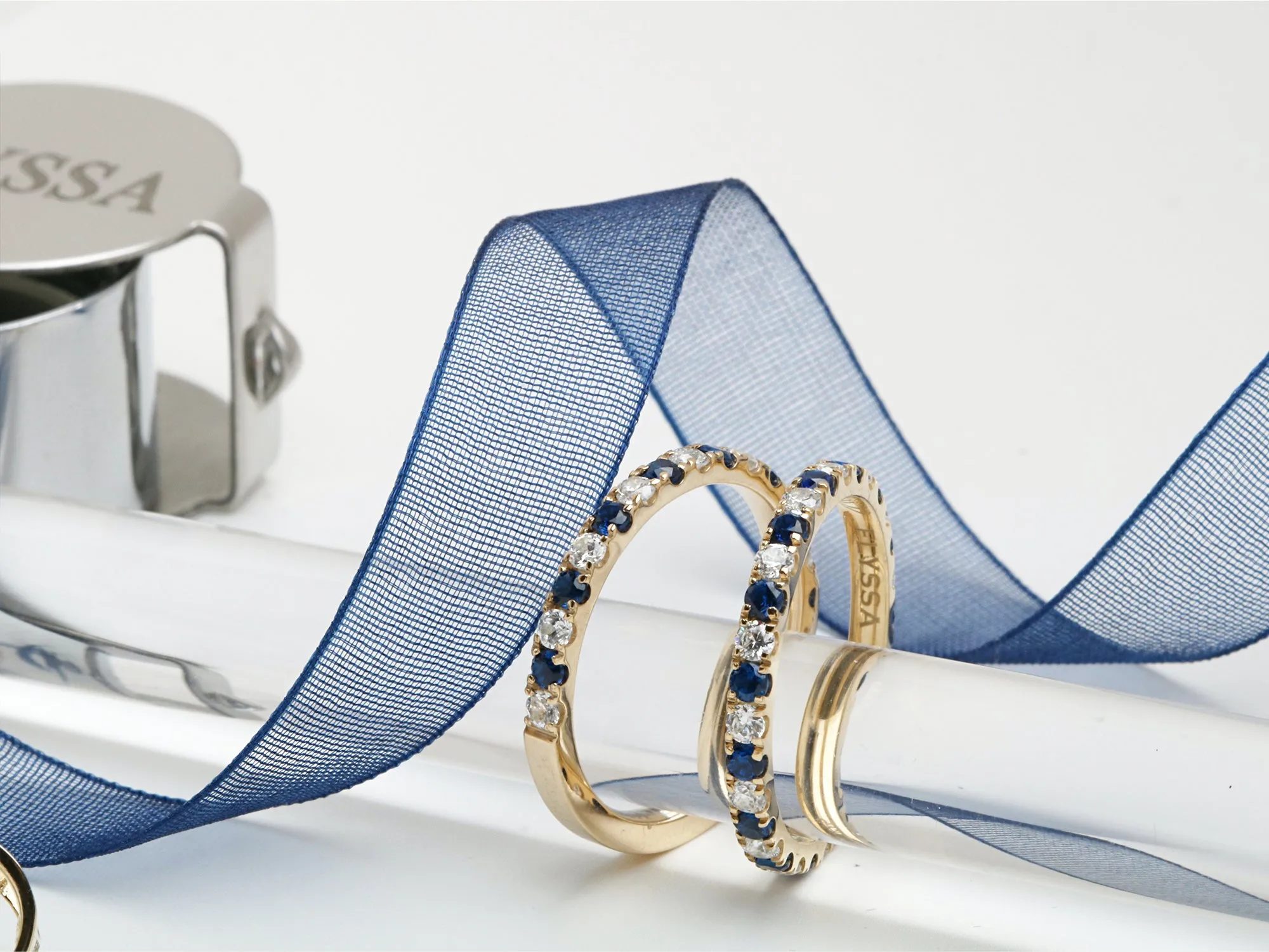 14K Gold 2.2mm All Around Ulternating Diamond and Sapphire Wedding Band