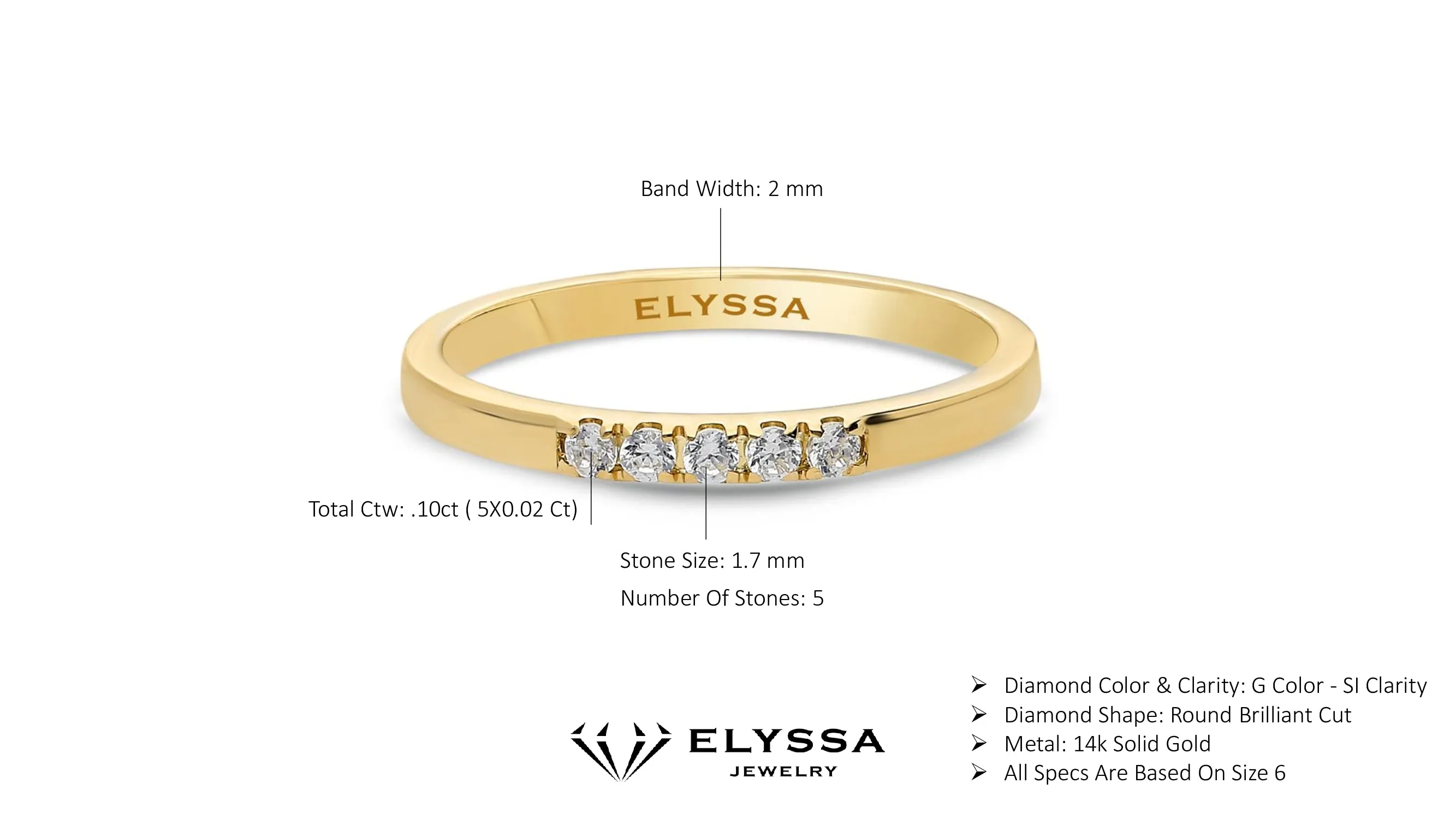 14K Gold 2mm 5 stone Diamond Wedding Band