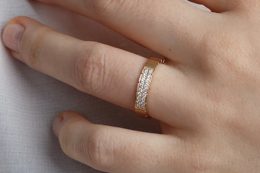 14K Gold 4mm Two Row Edged Diamond Wedding Band