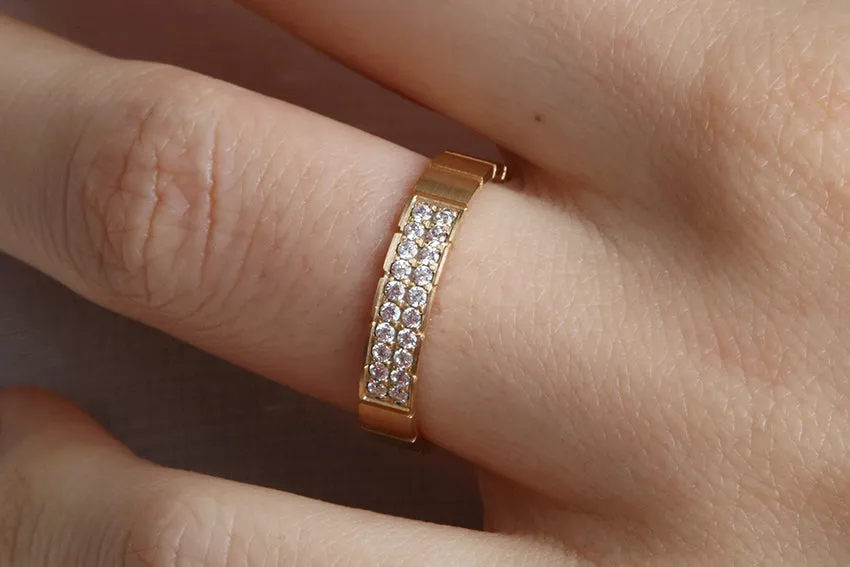 14K Gold 4mm Two Row Edged Diamond Wedding Band