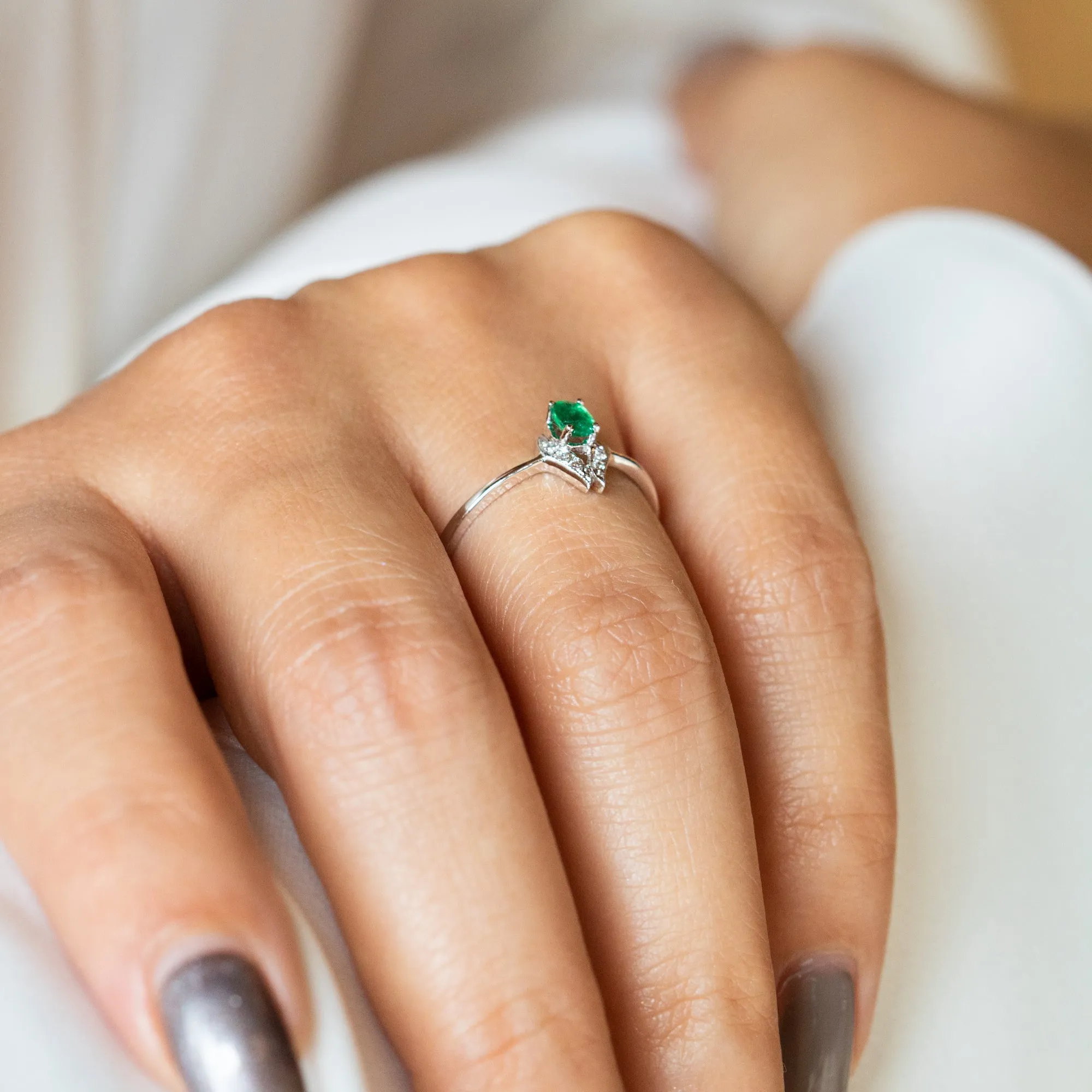 14K Gold Emerald and Round Engagemet Diamond Ring