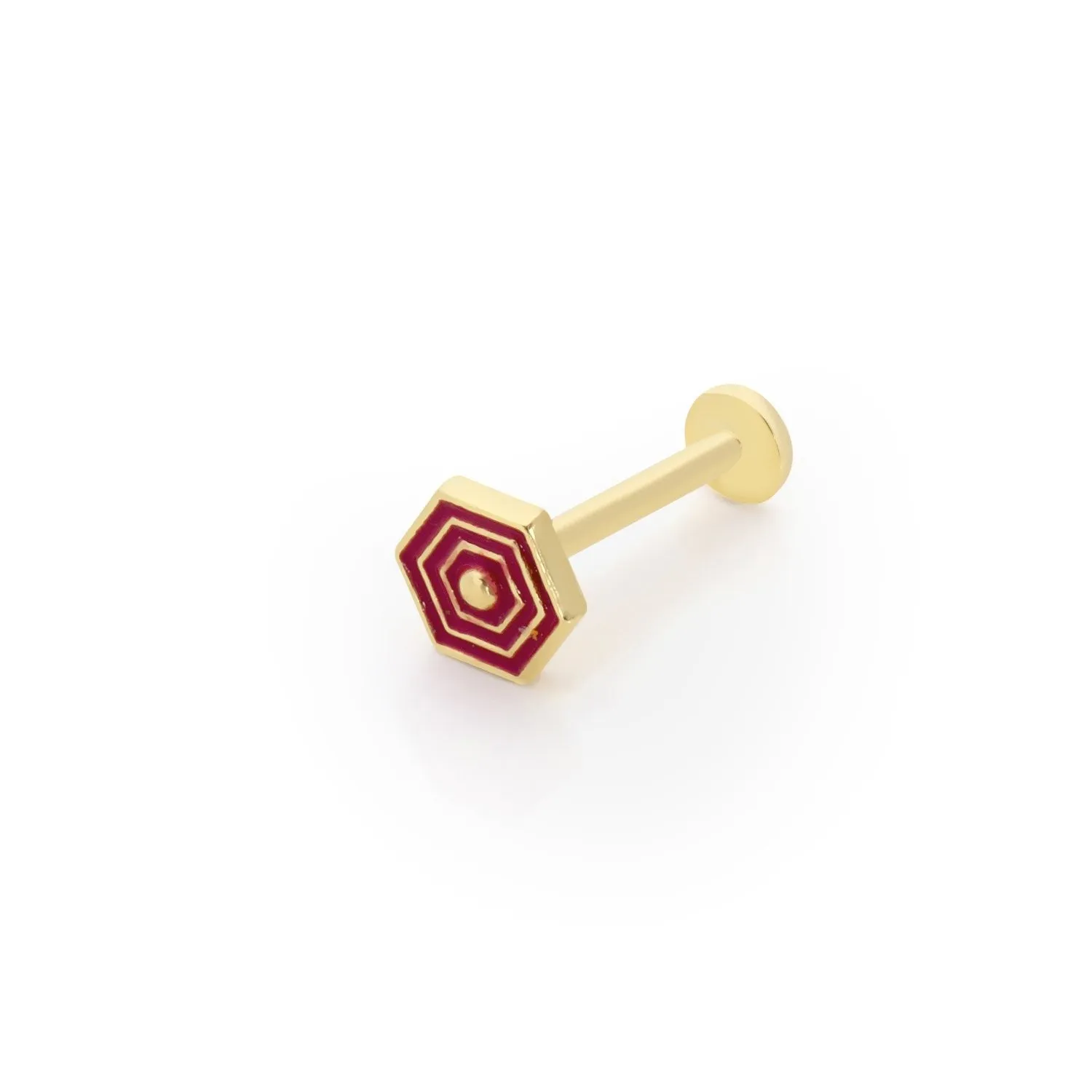 14k Gold Red Enameled Hexagon Tragus Piercing