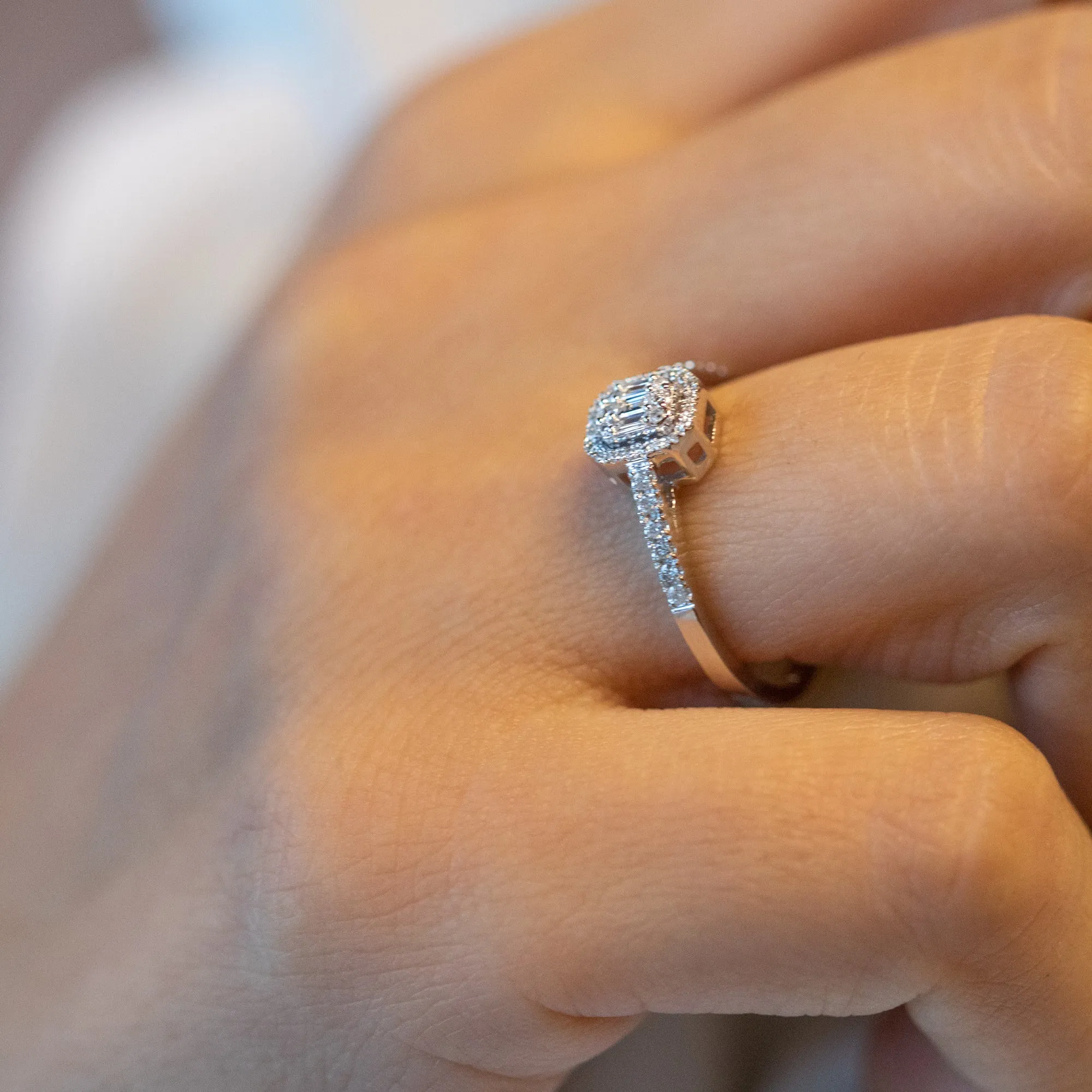 14K Gold Round and Baguette Diamond Engagement Ring