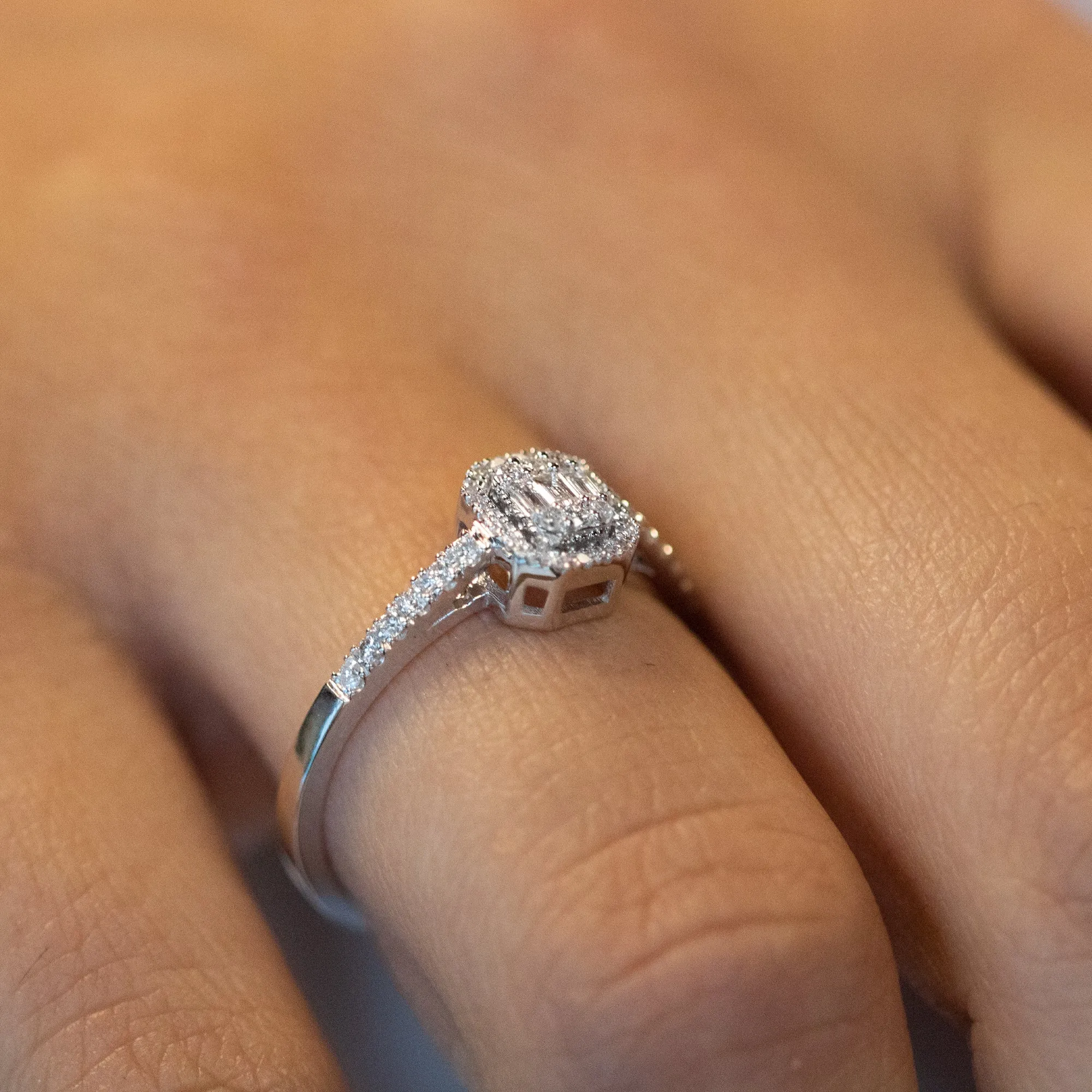 14K Gold Round and Baguette Diamond Engagement Ring