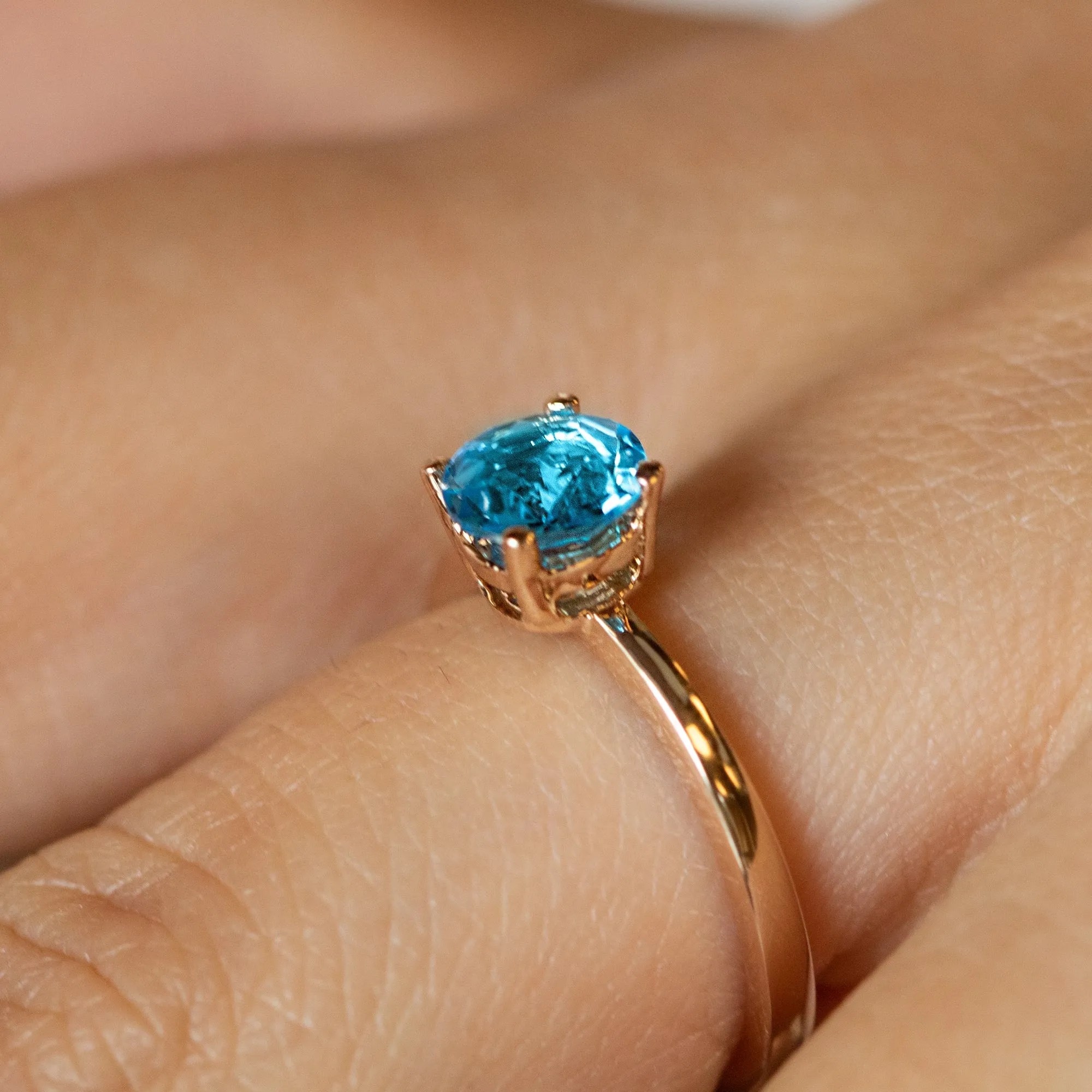 14K Rose Gold Blue Topaz Gemstone Ring