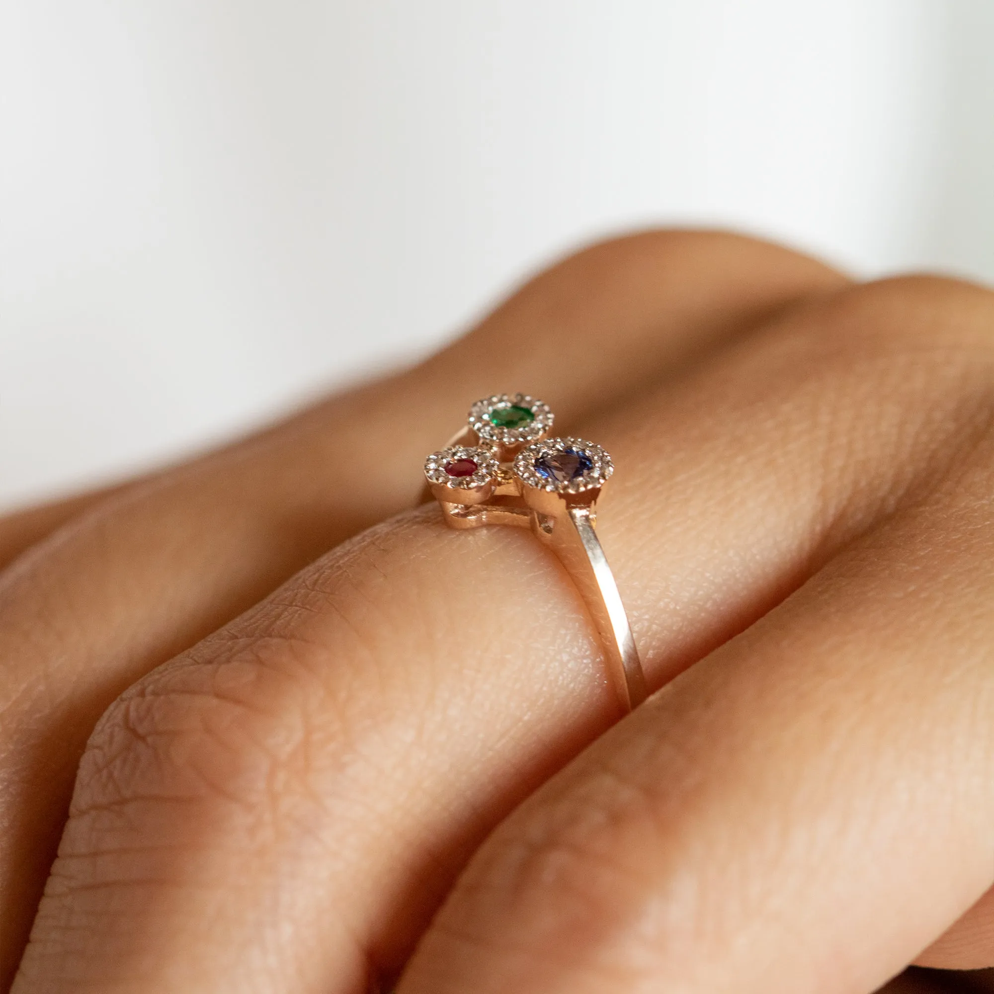 14K Rose Gold Sapphire Ruby Emerald and Diamond Ring