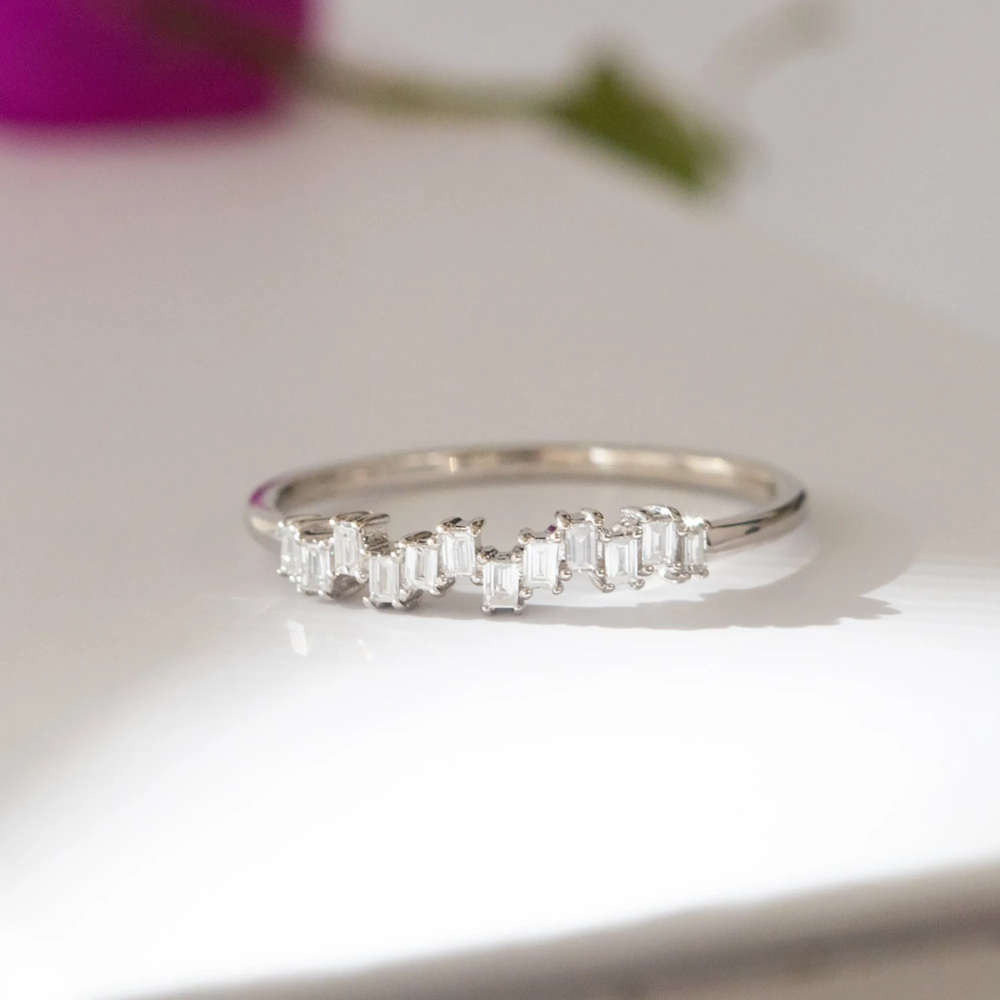 14K White Gold Zigzag Baguette Diamond Ring