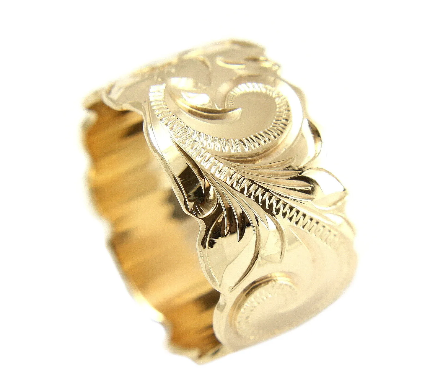 14K YELLOW GOLD HAND ENGRAVED HAWAIIAN PLUMERIA SCROLL BAND RING CUT OUT 15MM