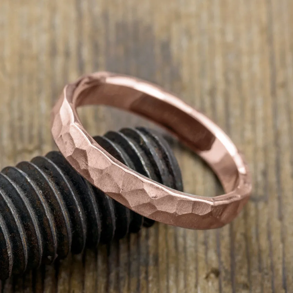 4mm 14k Rose Gold Mens Wedding Band, Hammered Matte