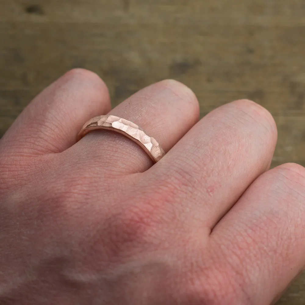 4mm 14k Rose Gold Mens Wedding Band, Hammered Matte