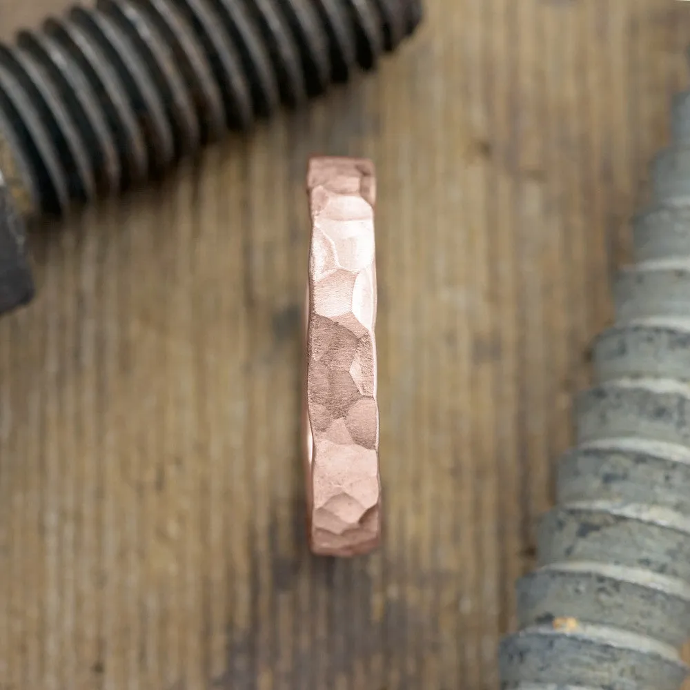 4mm 14k Rose Gold Mens Wedding Band, Hammered Matte