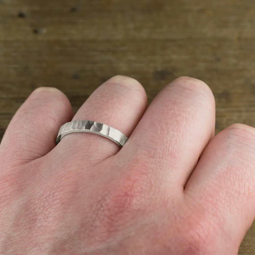 4mm 14k White Gold Mens Wedding Band, Wood Grain Matte