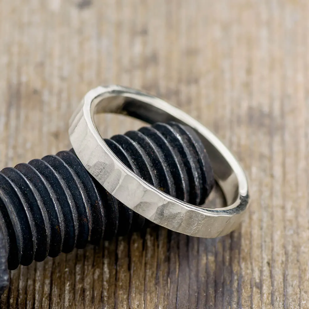 4mm 14k White Gold Mens Wedding Band, Wood Grain Matte