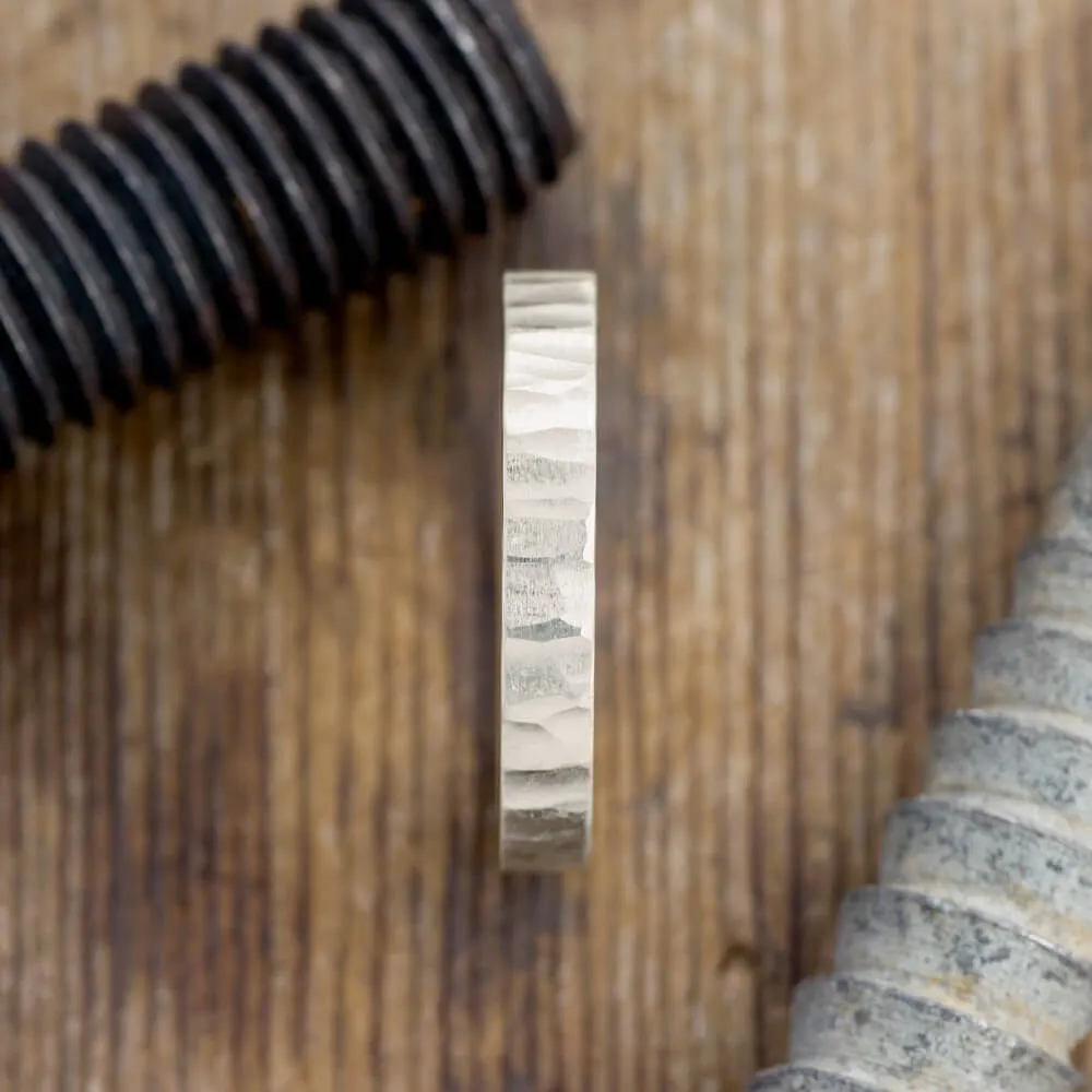 4mm 14k White Gold Mens Wedding Band, Wood Grain Matte
