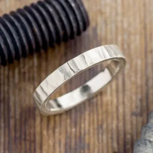 4mm 14k White Gold Mens Wedding Band, Wood Grain Matte