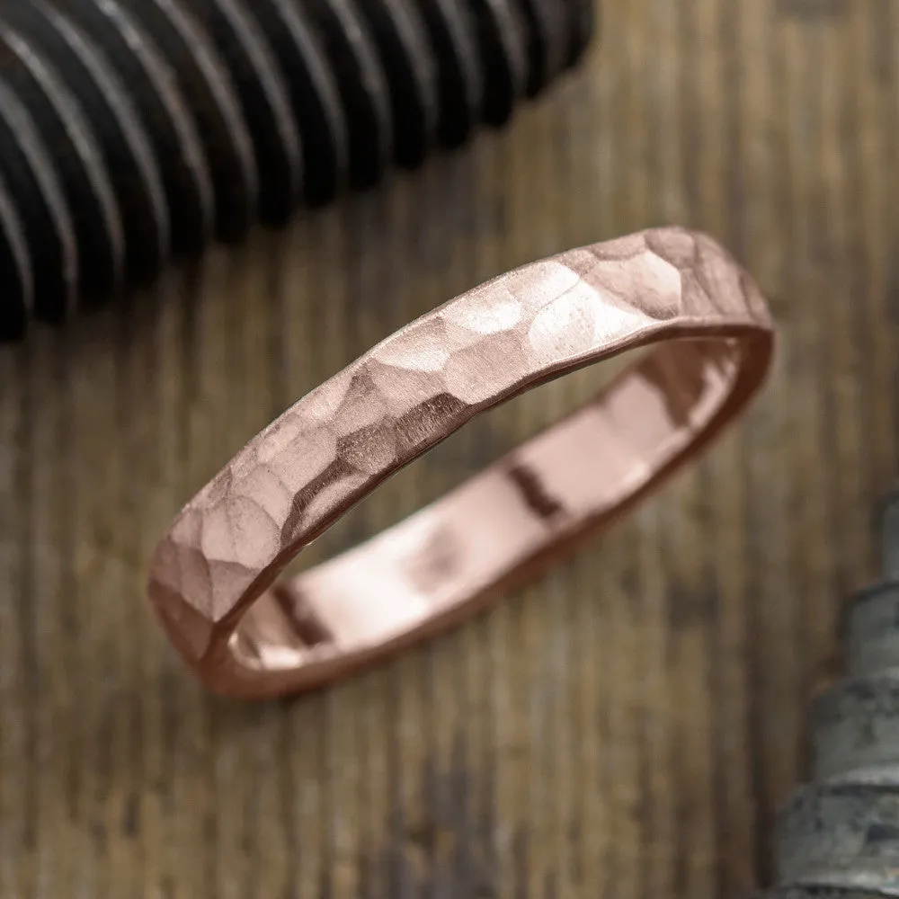 4mm Comfort Fit 14k Rose Gold Mens Wedding Band, Hammered Matte