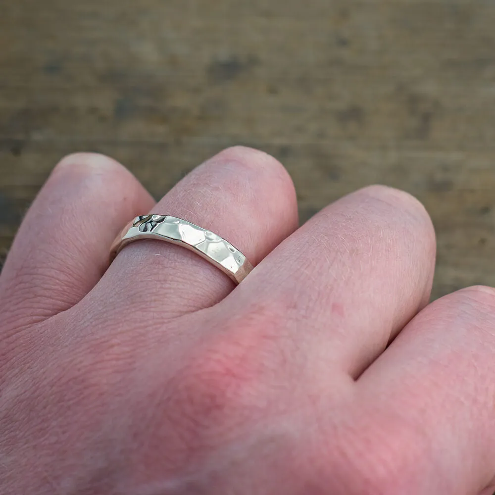 4mm Comfort Fit 14k White Gold Mens Wedding Ring, Hammered Polished