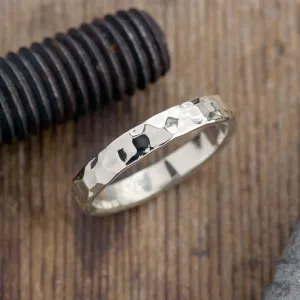 4mm Comfort Fit 14k White Gold Mens Wedding Ring, Hammered Polished