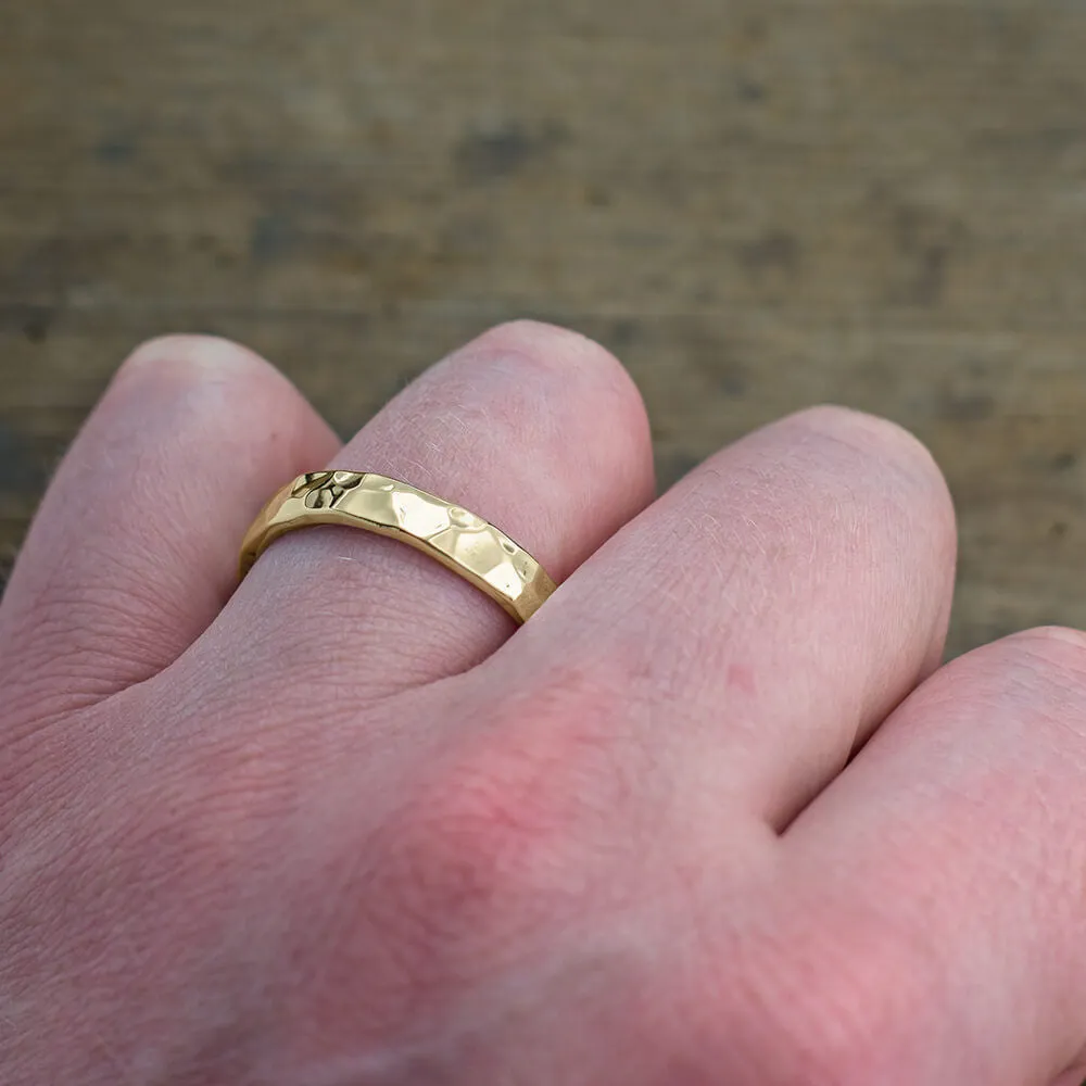 4mm Comfort Fit 14k Yellow Gold Mens Wedding Ring, Hammered Polished