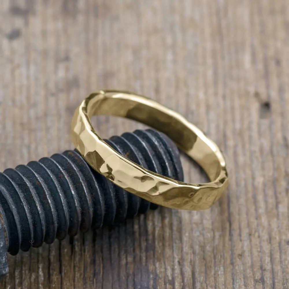 4mm Comfort Fit 14k Yellow Gold Mens Wedding Ring, Hammered Polished