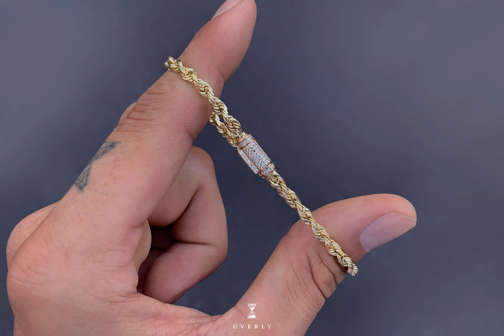 4mm Rope Bracelet - Solid Gold - Diamond Lock