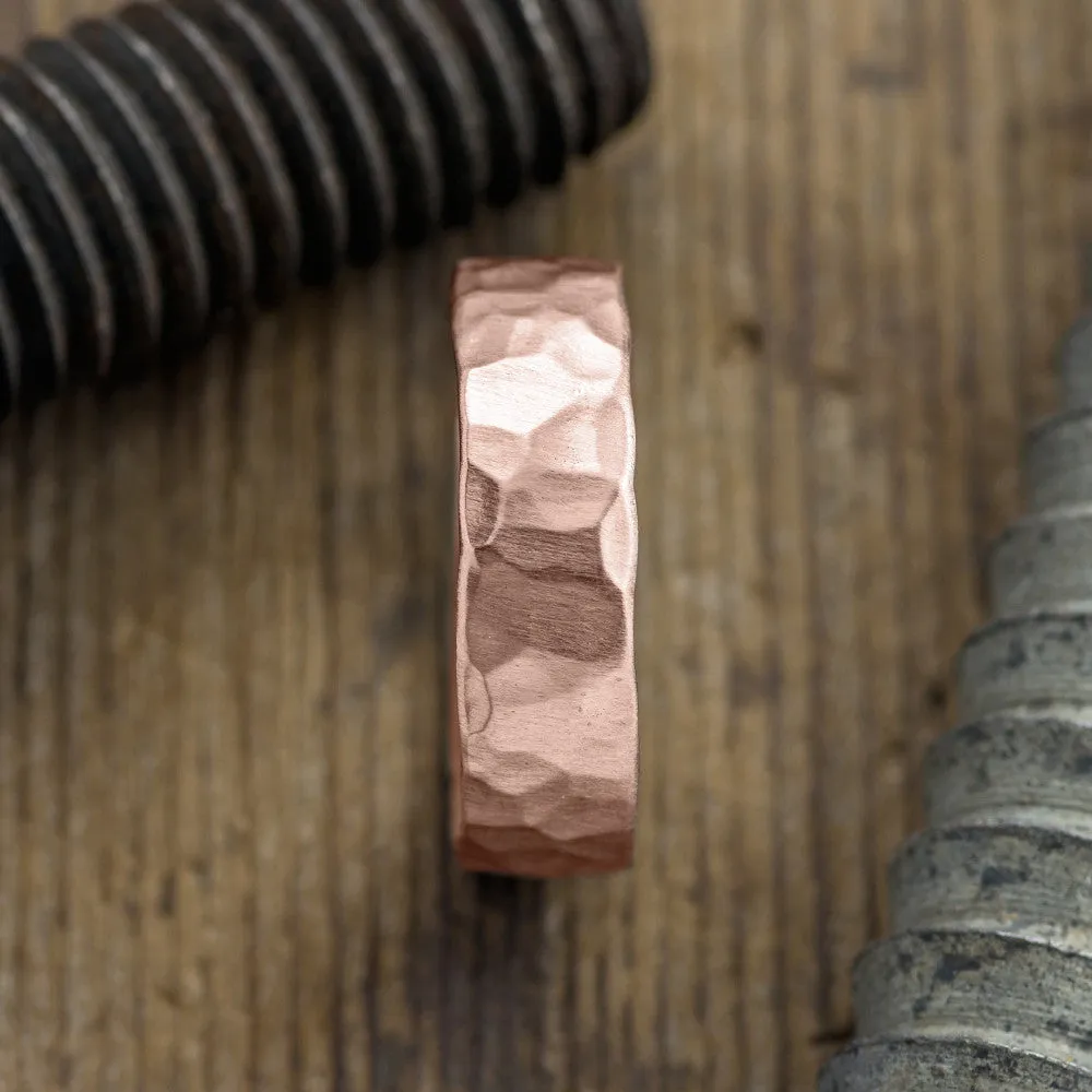 6mm 14k Rose Gold Mens Wedding Band, Hammered Matte