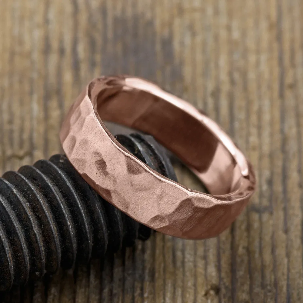 6mm 14k Rose Gold Mens Wedding Band, Hammered Matte