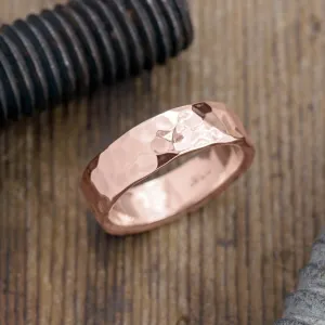 6mm 14k Rose Gold Mens Wedding Band, Hammered Polished