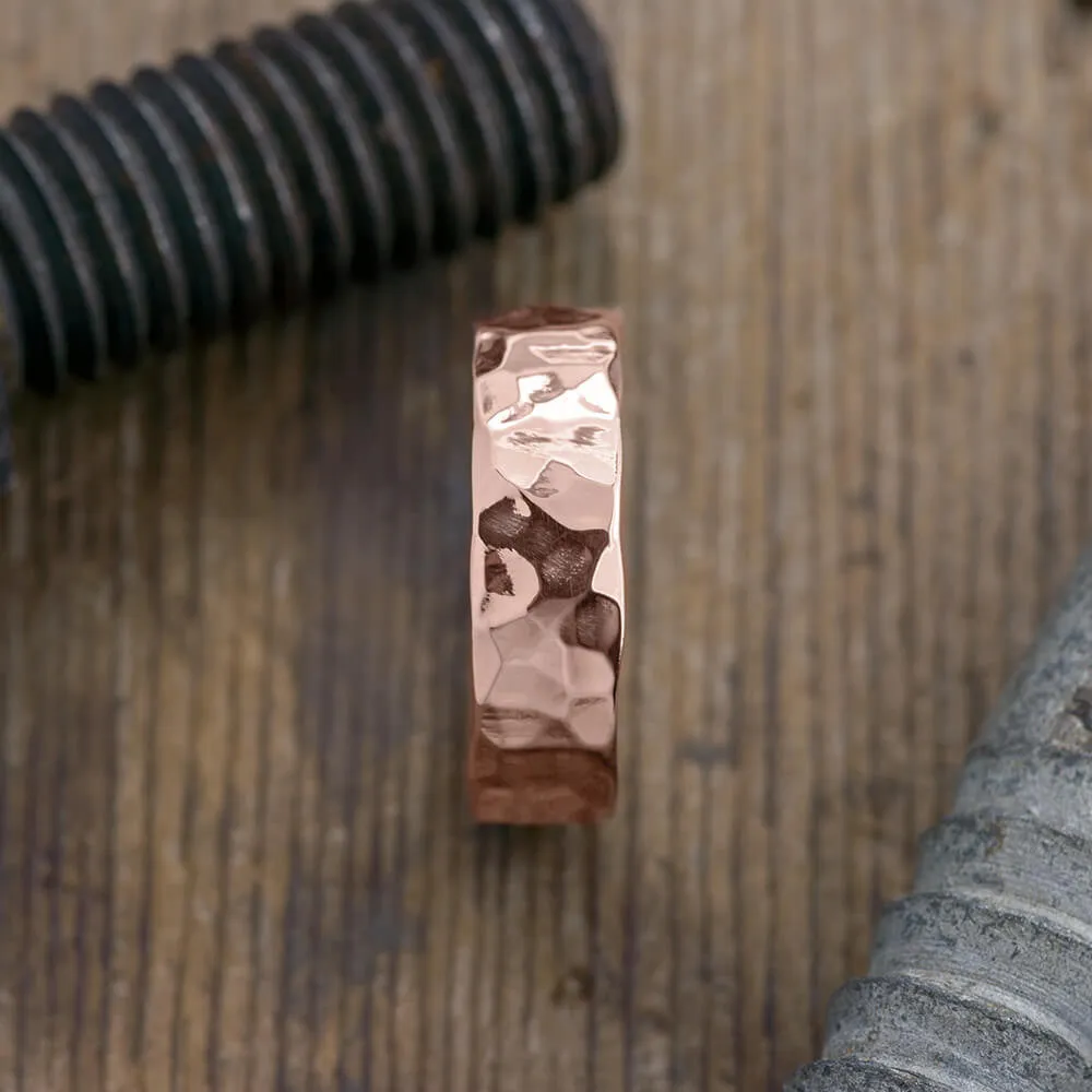 6mm 14k Rose Gold Mens Wedding Band, Hammered Polished
