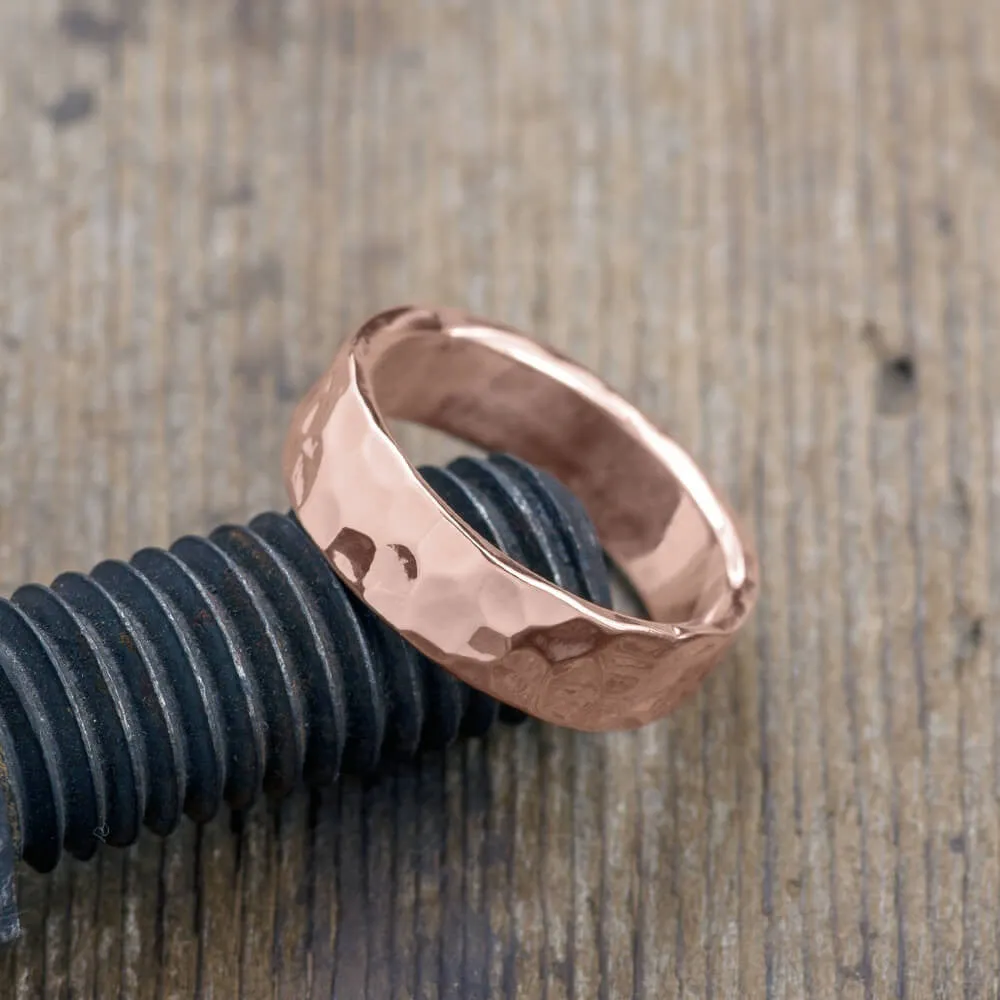 6mm 14k Rose Gold Mens Wedding Band, Hammered Polished