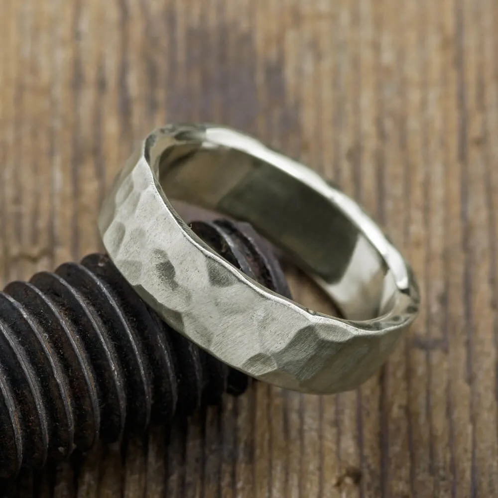 6mm 14k White Gold Mens Wedding Band, Hammered Matte