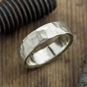 6mm 14k White Gold Mens Wedding Band, Hammered Matte