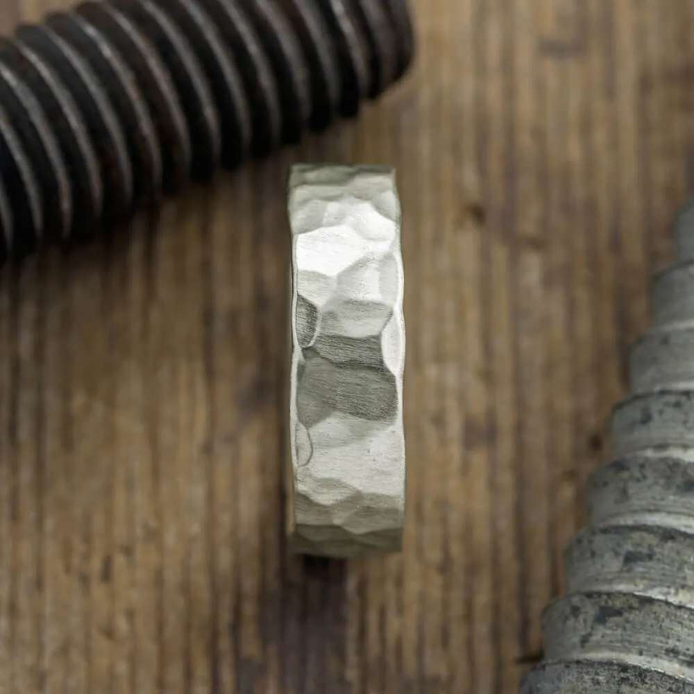 6mm 14k White Gold Mens Wedding Band, Hammered Matte
