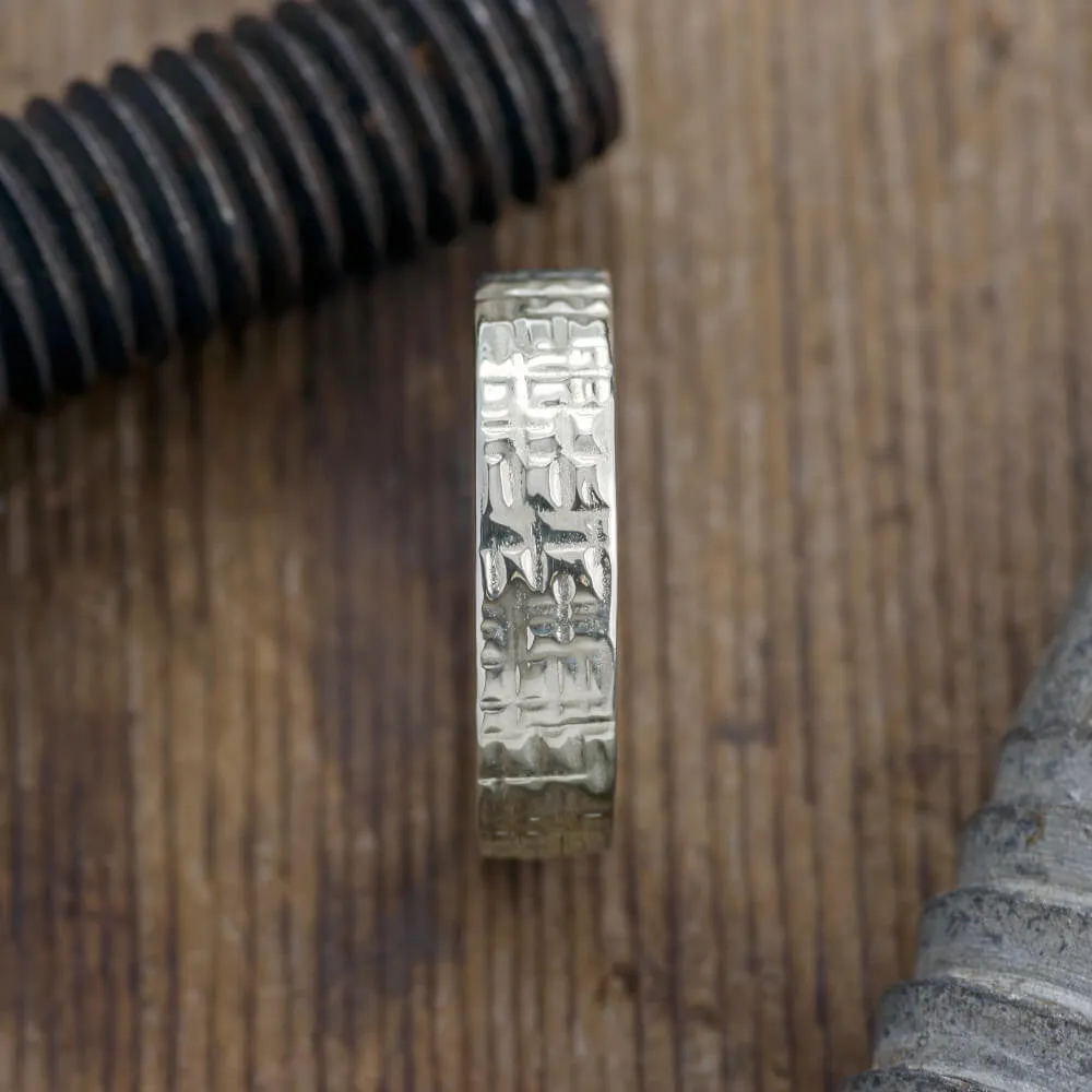 6mm 14k White Gold Mens Wedding Band, Textured Polished