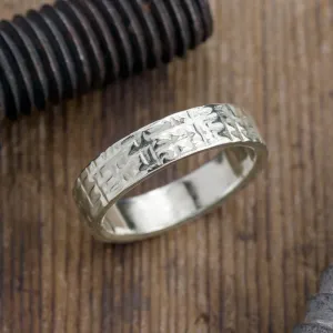 6mm 14k White Gold Mens Wedding Band, Textured Polished