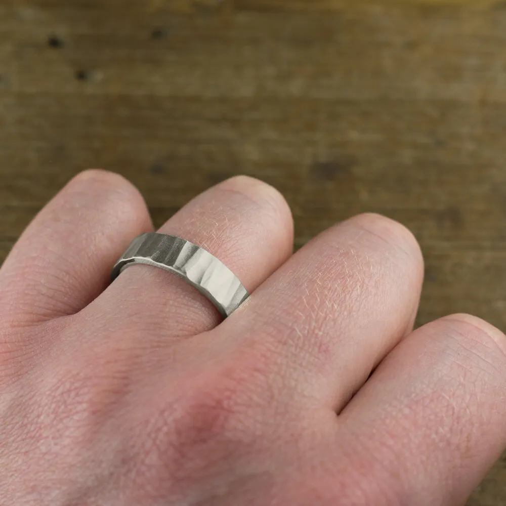 6mm 14k White Gold Mens Wedding Band, Wood Grain Matte