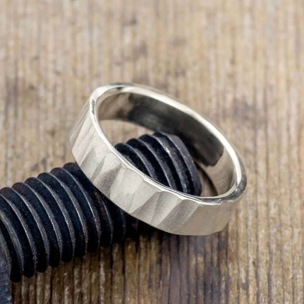 6mm 14k White Gold Mens Wedding Band, Wood Grain Matte