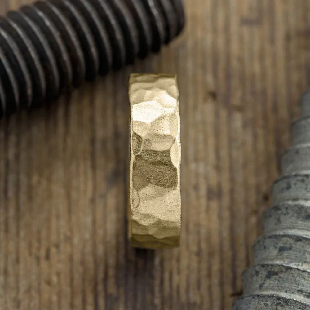 6mm 14k Yellow Gold Mens Wedding Band, Hammered Matte