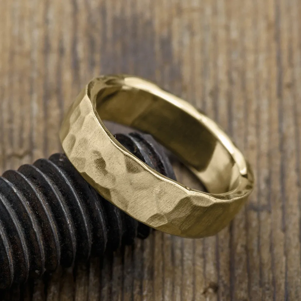 6mm 14k Yellow Gold Mens Wedding Band, Hammered Matte