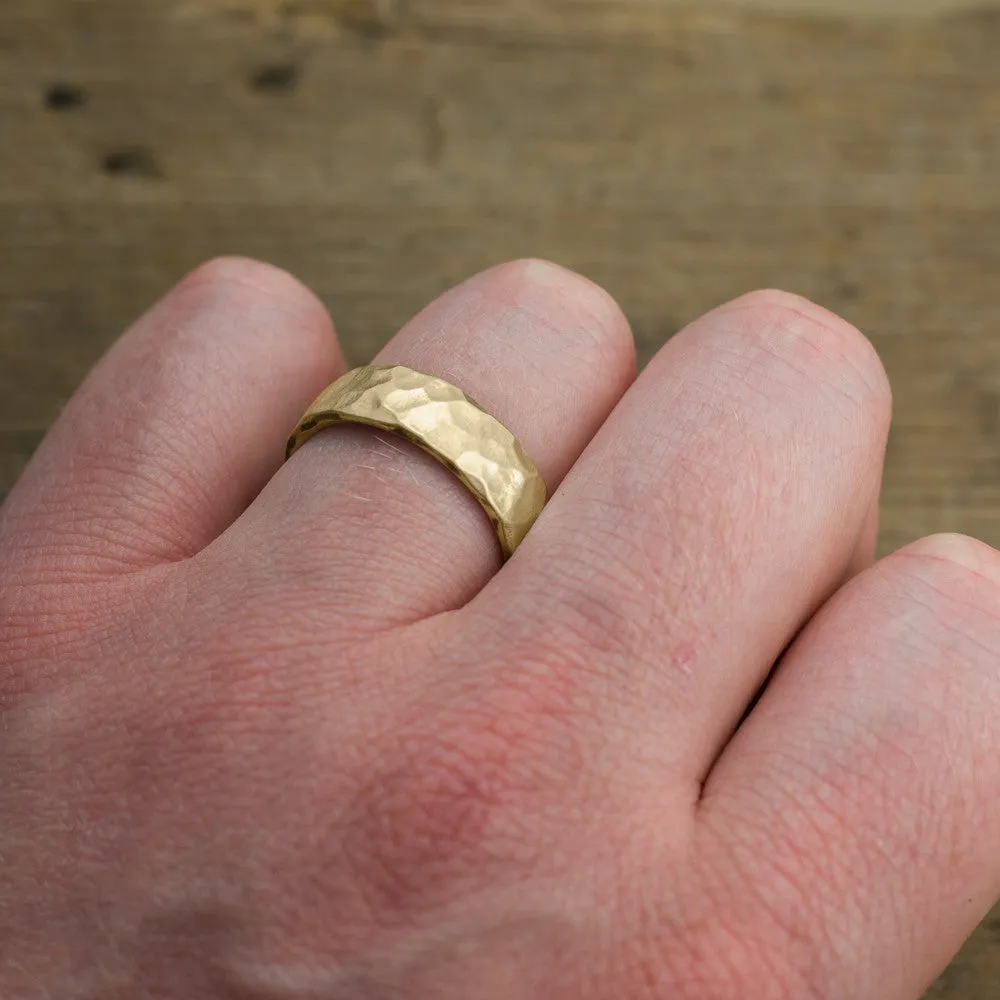 6mm 14k Yellow Gold Mens Wedding Band, Hammered Matte
