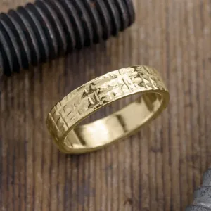 6mm 14k Yellow Gold Mens Wedding Band, Textured Polished