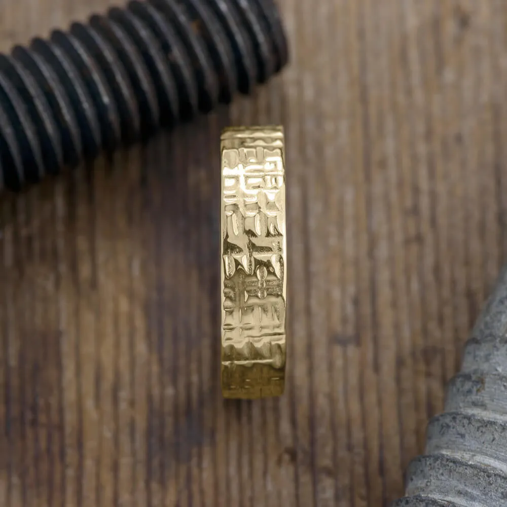 6mm 14k Yellow Gold Mens Wedding Band, Textured Polished
